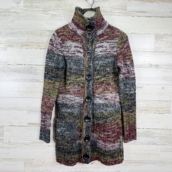 Kensie Womens Sweater Coat Cardigan Button Up Striped Multicolor Marled Small - Picture 1 of 14